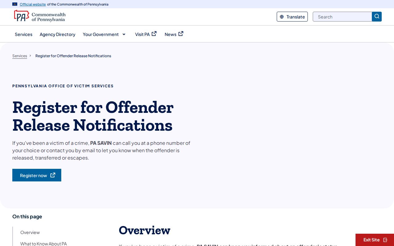 Potter County custody-status alert registration through Pennsylvania SAVIN