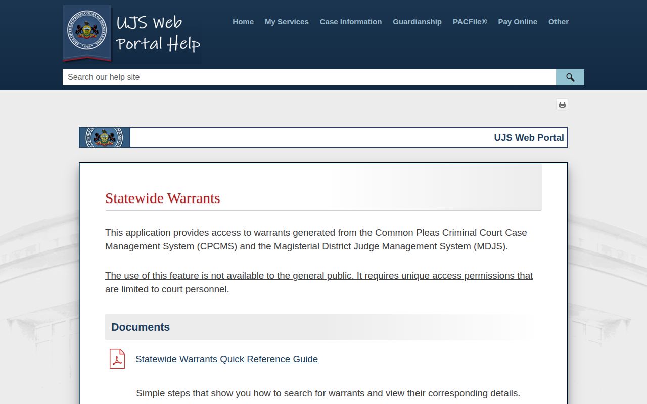 Potter County warrant record limits in Pennsylvania UJS help